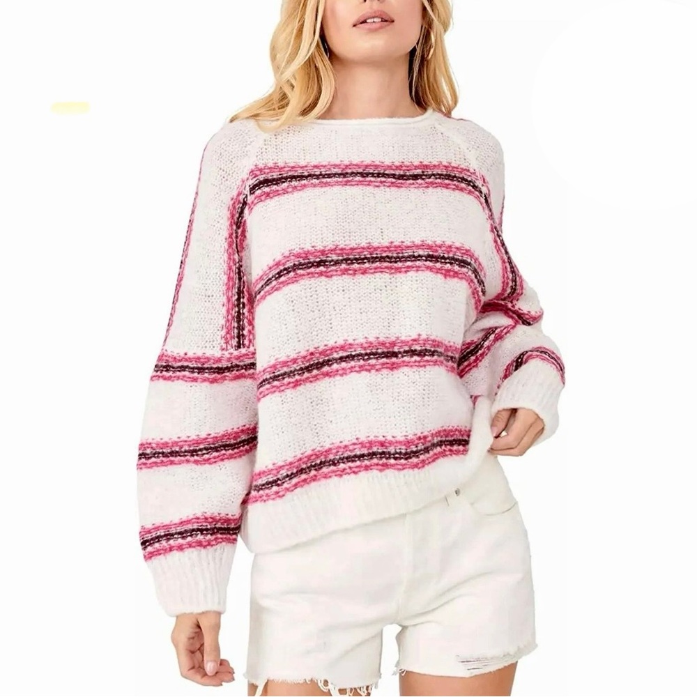 Free People Hockley Knit Stripe Sweater Alpaca Evening Cream Sz XL